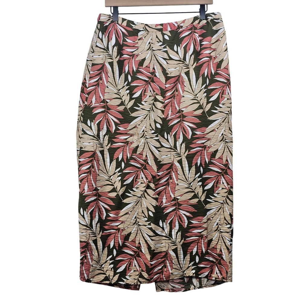 Liz Claiborne Womens Tropical Leaf Print Midi Skirt Green Pink Size 14 Elastic